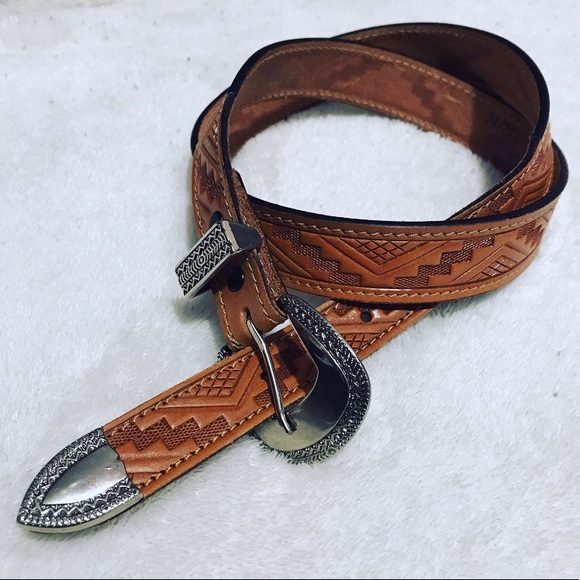 Urban Outfitters Accessories - Genuine Leather Tooled Brown Southwestern Belt